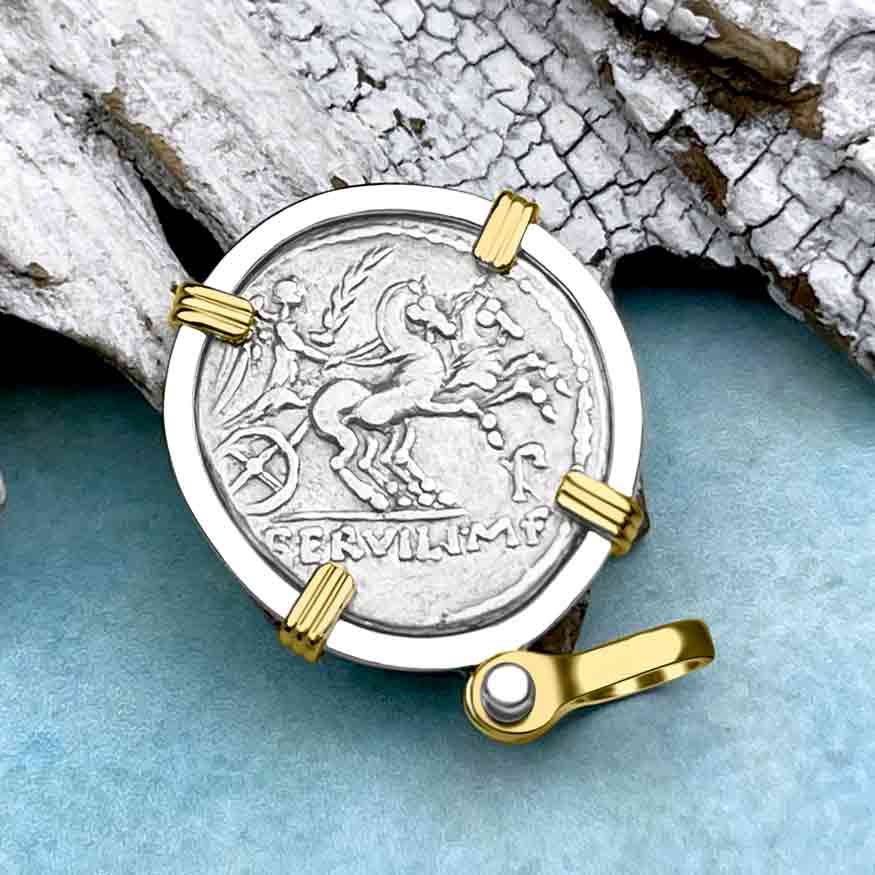 Roman Republic Roma & Victory Denarius 100 BC 14K Gold & Sterling Silver Pendant