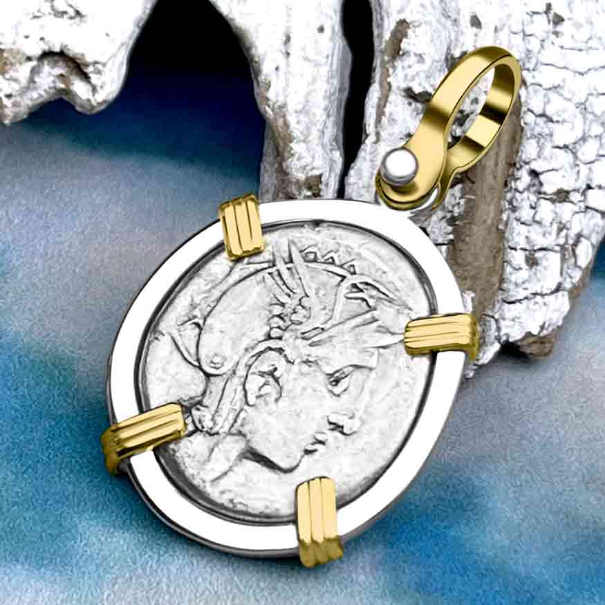 Roman Republic Roma &amp; Victory Silver Denarius 111 BC 14K Gold &amp; Sterling Silver Pendant
