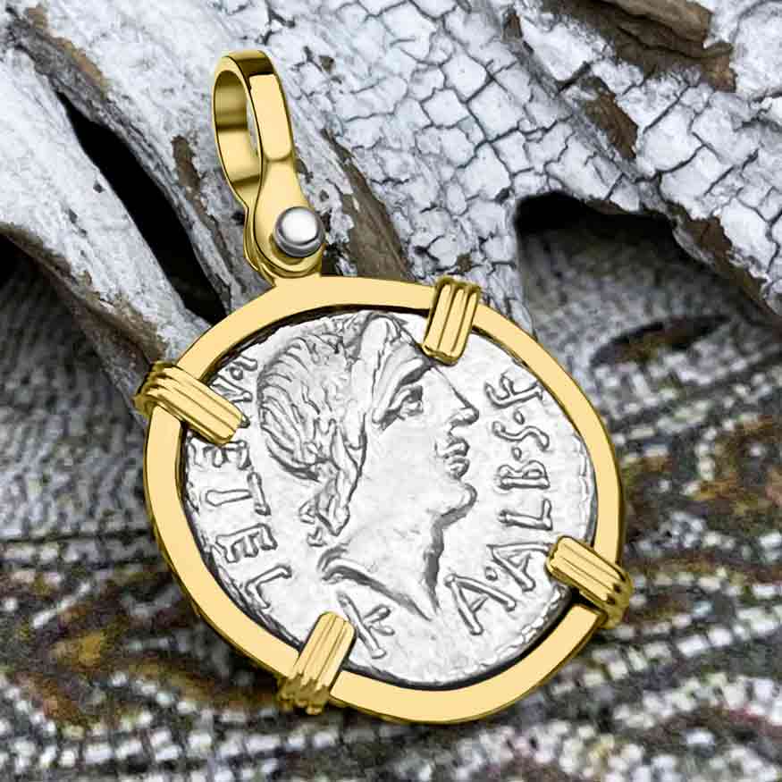 Roman Republic Silver Denarius with Apollo & Roma Coin 96 BC 14K Gold Pendant