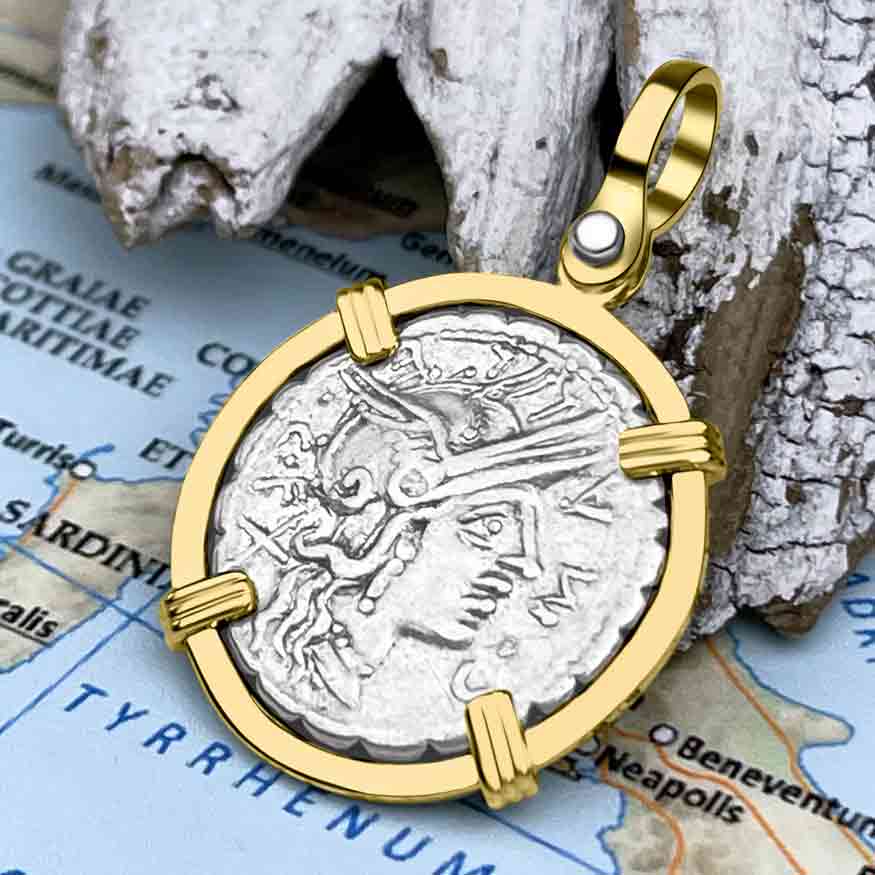 Roman Republic Roma &amp; Warrior Denarius Serratus 118 BC 14K Gold Pendant