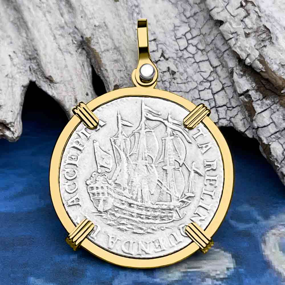 Dutch East India Company 1768 Silver 6 Stuiver Ship Shilling &quot;I Struggle and Survive&quot; 14K Gold Pendant 