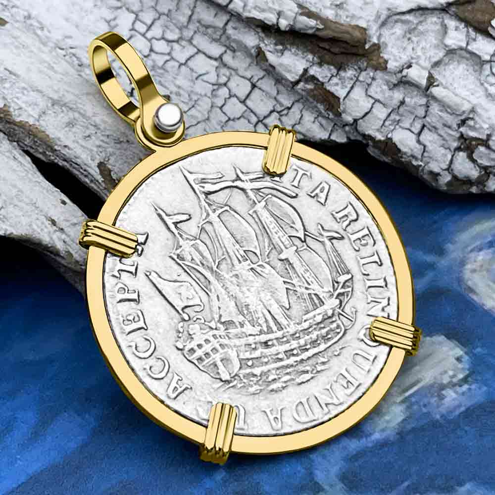 Dutch East India Company 1768 Silver 6 Stuiver Ship Shilling "I Struggle and Survive" 14K Gold Pendant 