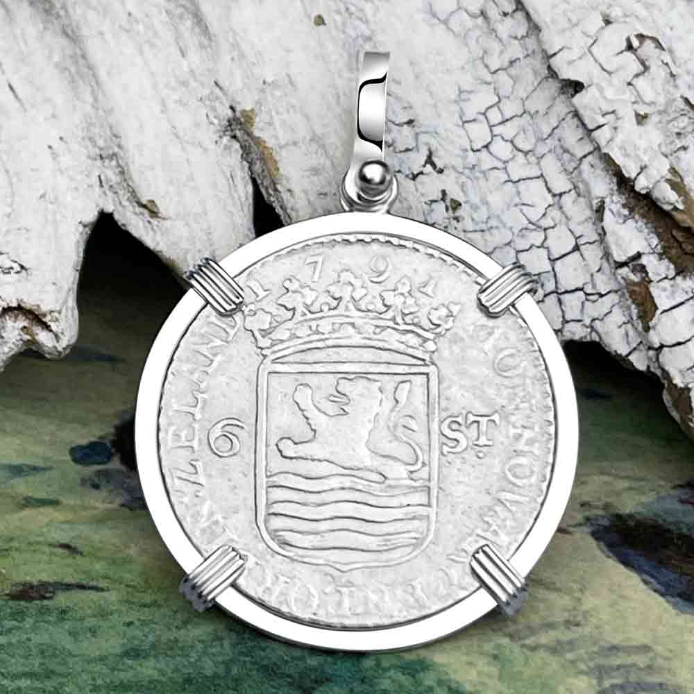 Dutch East India Company 1791 Silver 6 Stuiver Ship Shilling &quot;I Struggle and Survive&quot; Sterling Silver Pendant
