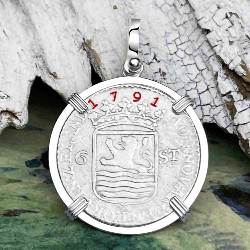 Dutch East India Company 1791 Silver 6 Stuiver Ship Shilling &quot;I Struggle and Survive&quot; Sterling Silver Pendant