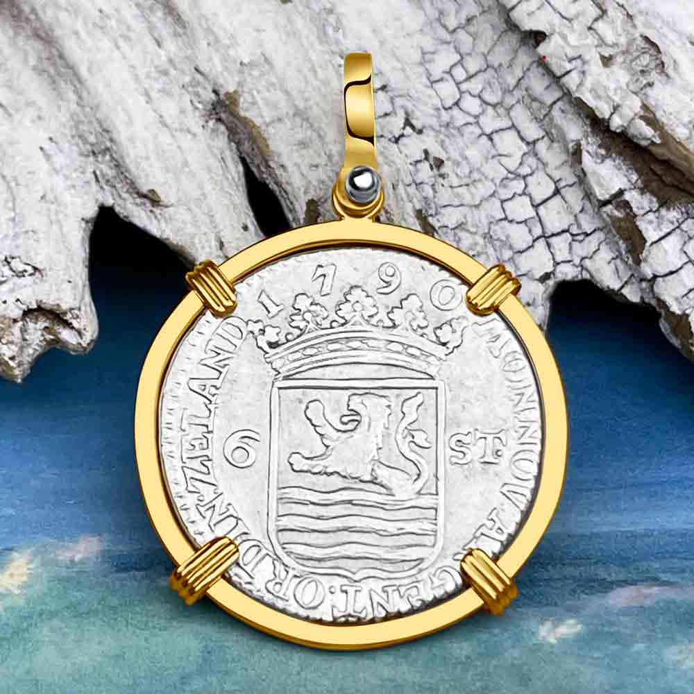 Dutch East India Company 1790 Silver 6 Stuiver Ship Shilling &quot;I Struggle and Survive&quot; 14K Gold Pendant