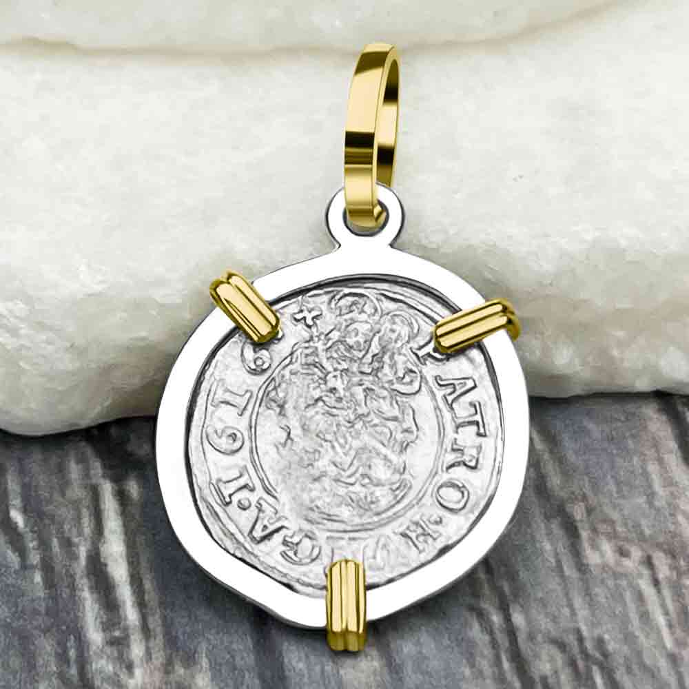 Silver Hungarian Denar Dated 1616 with Mary & Baby Jesus 14K Gold & Sterling Silver Pendant