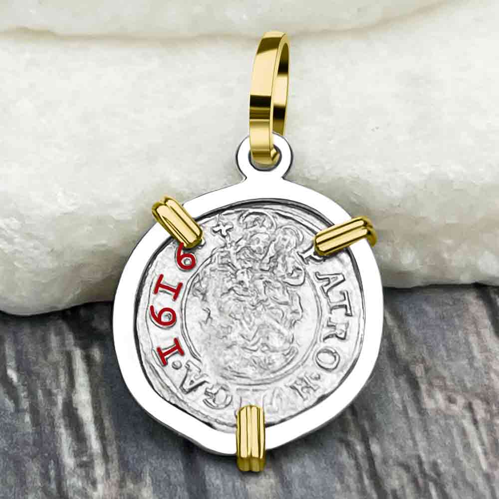 Silver Hungarian Denar Dated 1616 with Mary & Baby Jesus 14K Gold & Sterling Silver Pendant
