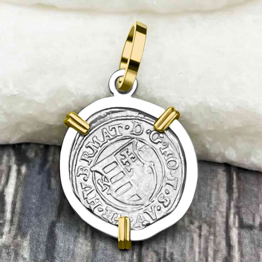Silver Hungarian Denar Dated 1616 with Mary &amp; Baby Jesus 14K Gold &amp; Sterling Silver Pendant