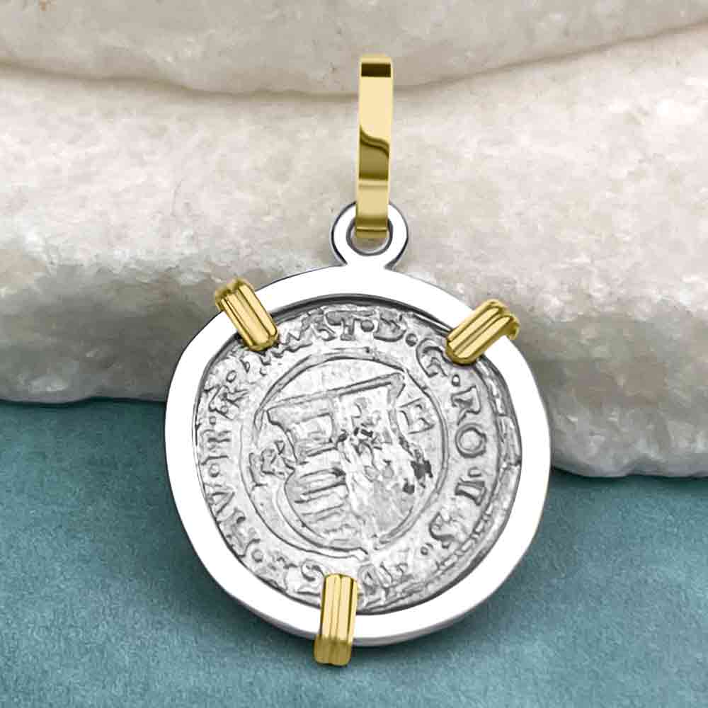 Silver Hungarian Denar Dated 1615 with Mary &amp; Baby Jesus 14K Gold &amp; Sterling Silver Pendant