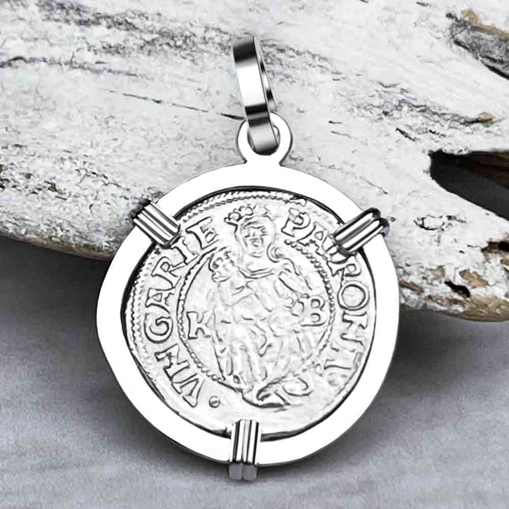 Silver Hungarian Denar Dated 1528 with Mary & Baby Jesus 14K White Gold Pendant