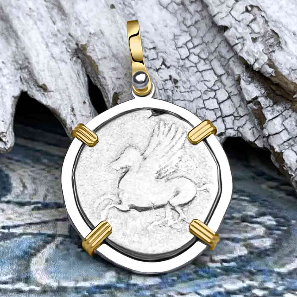 Ancient Greek Pegasus and Athena Silver Stater circa 350 – 240 BC 14K Gold &amp; Sterling Silver Pendant
