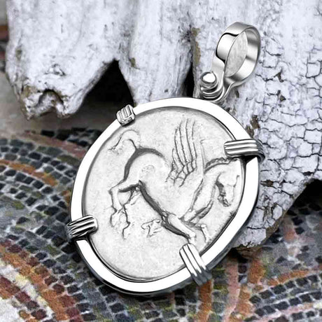 Ancient Greek Pegasus and Athena Silver Stater circa 350 – 240 BC 14K White Gold Pendant