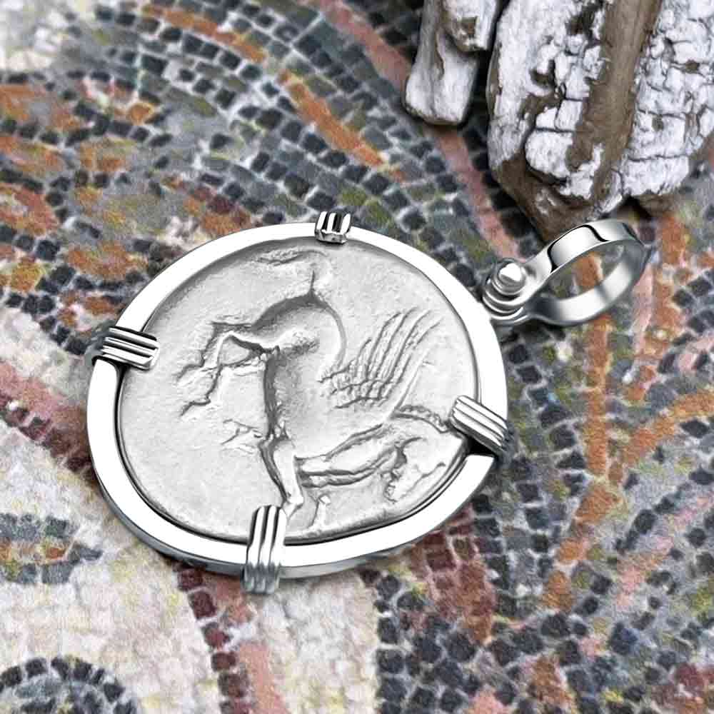 Ancient Greek Pegasus and Athena Silver Stater circa 350 – 240 BC 14K White Gold Pendant