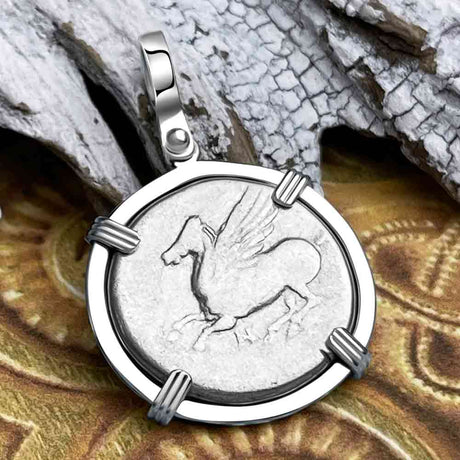 Ancient Greek Pegasus and Athena Silver Stater circa 350 – 240 BC 14K White Gold Pendant