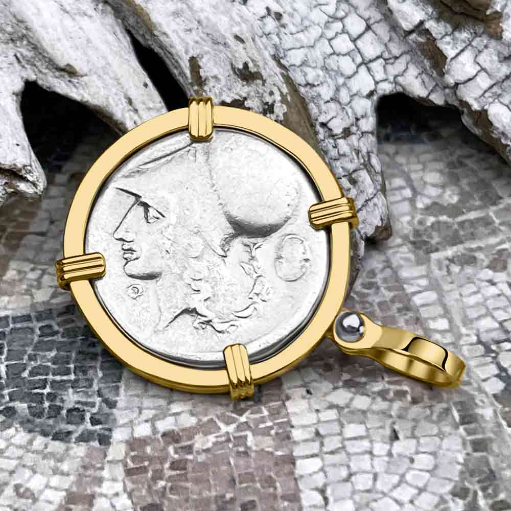 Ancient Greek Pegasus and Athena Silver Stater circa 350 – 240 BC 14K Gold Pendant