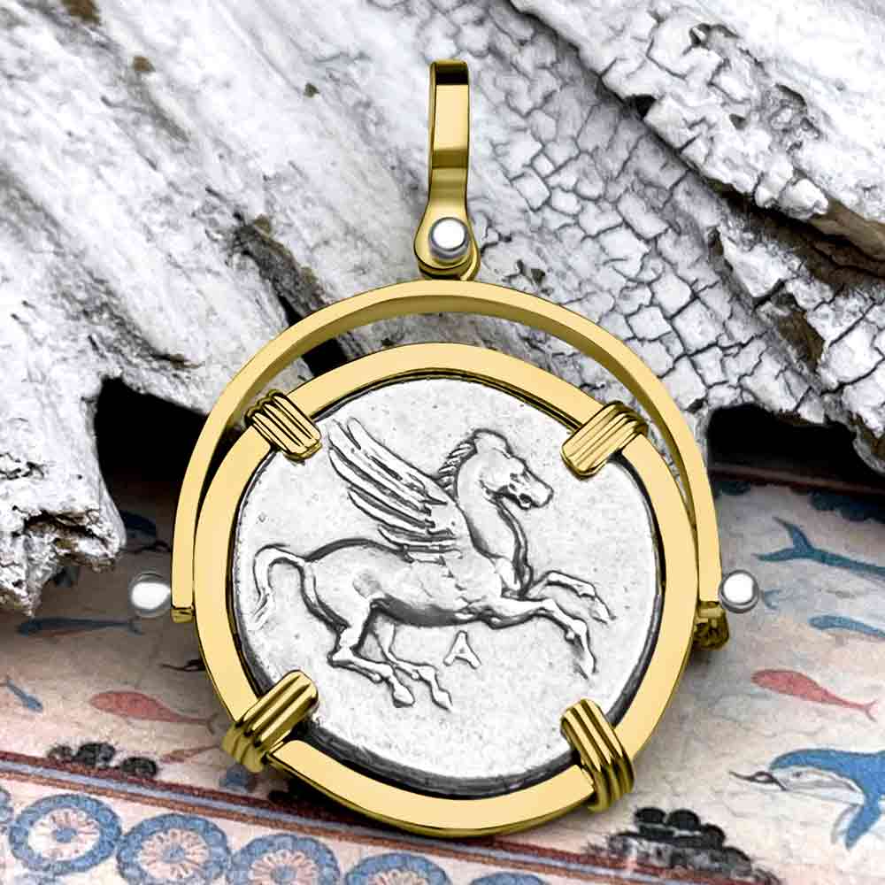 Ancient Greek Pegasus and Athena Silver Stater circa 350 – 240 BC 14K Gold Flip-Style Pendant