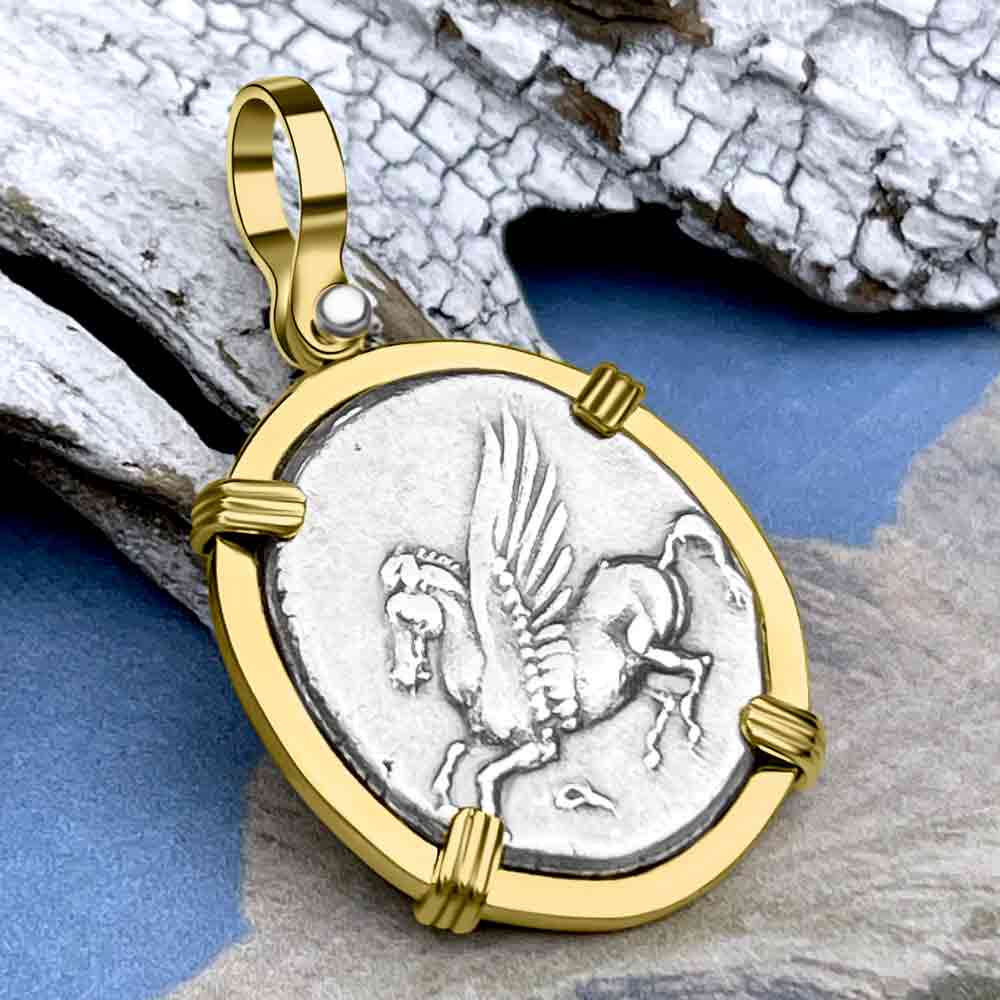 Ancient Greek Pegasus and Athena Silver Stater circa 350 – 240 BC 14K Gold Pendant with Rare Zero Die Axis