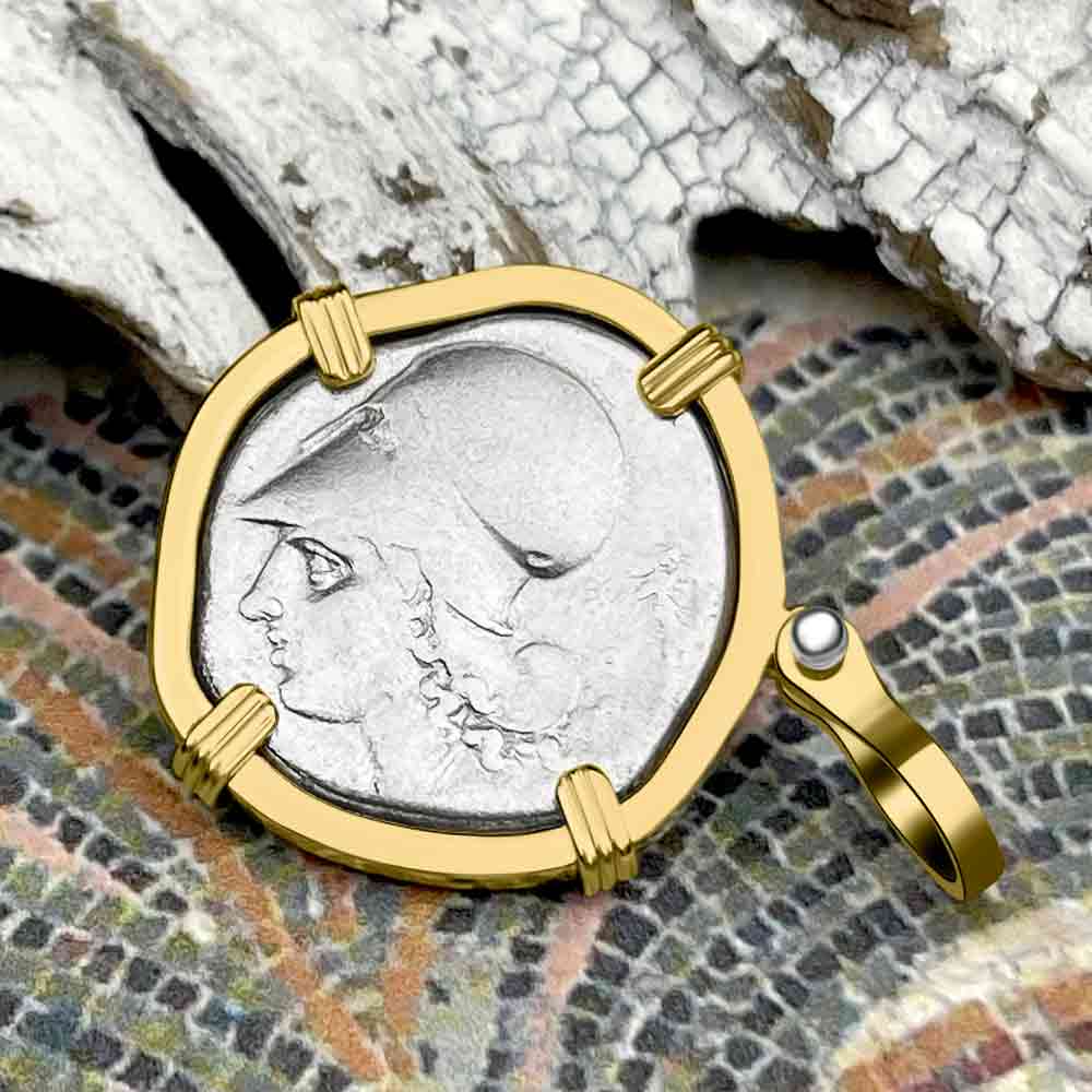 Ancient Greek Pegasus and Athena Silver Stater circa 350 – 240 BC 14K Gold Pendant | Artifact #9708