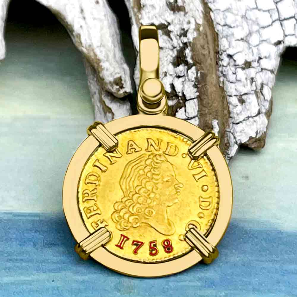 1758 Spanish Gold Portrait Half Escudo - the Legendary Pirate Era Doubloon - 18K Gold Pendant