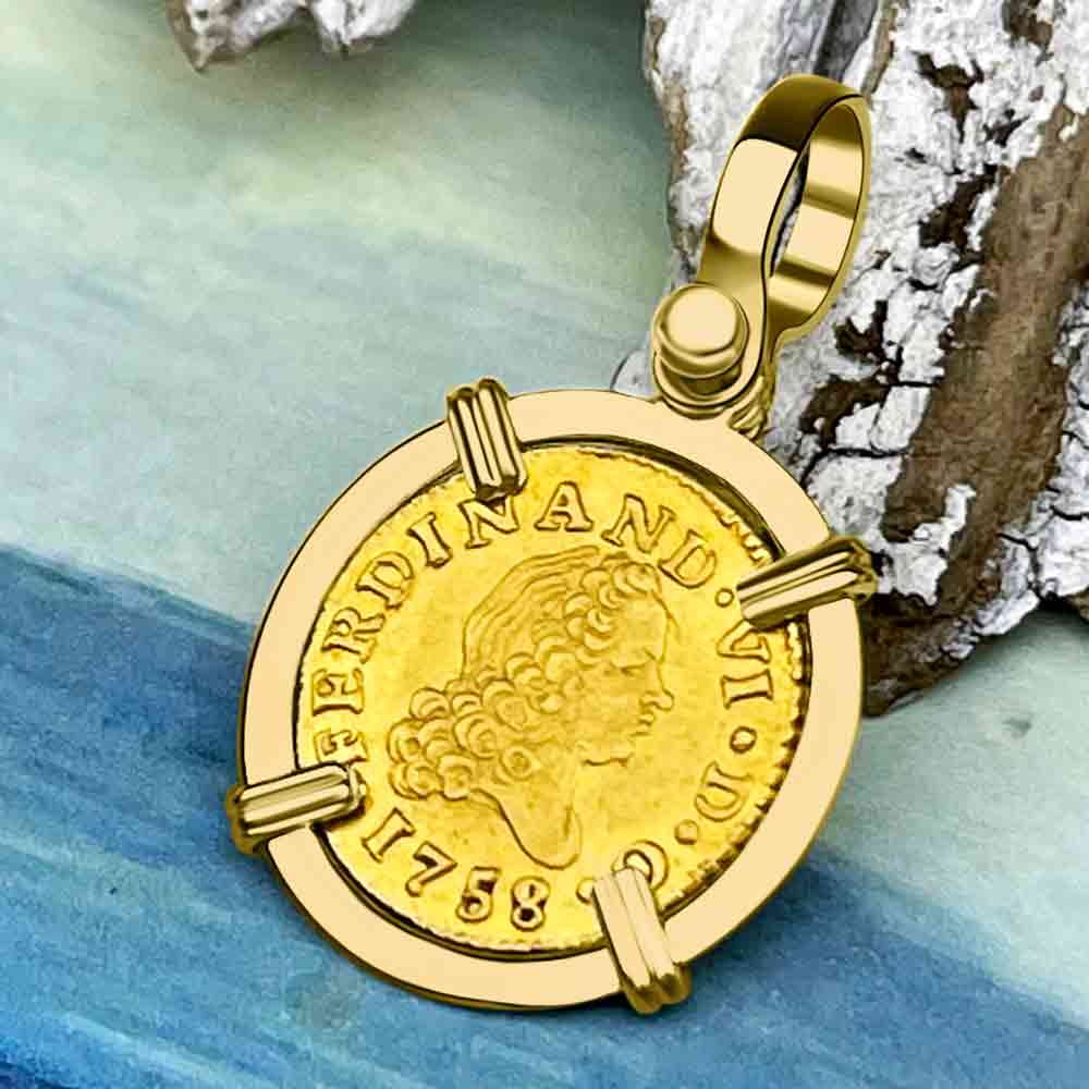 1758 Spanish Gold Portrait Half Escudo - the Legendary Pirate Era Doubloon - 18K Gold Pendant
