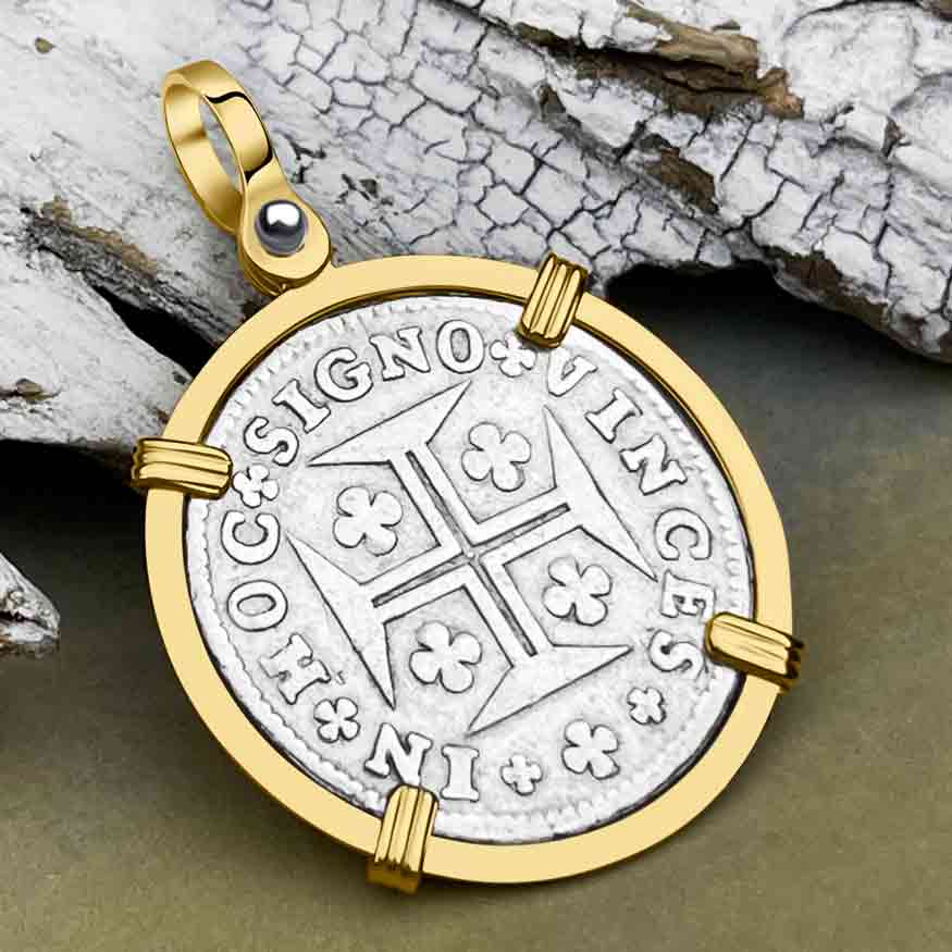 Portuguese 120 Reis &quot;In This Sign Conquer&quot; Crusaders&#39; Cross 14K Gold Pendant