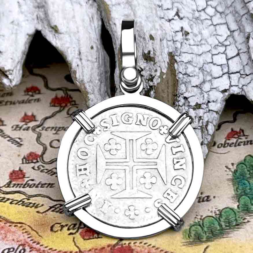 Portuguese 60 Reis "In This Sign Conquer" Crusaders' Cross 14K White Gold Pendant 
