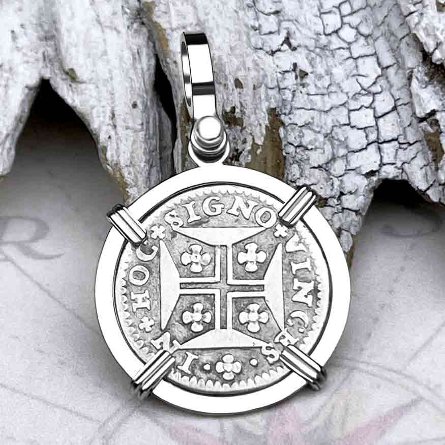 Portuguese 60 Reis &quot;In This Sign Conquer&quot; Crusaders&#39; Cross 14K White Gold Pendant 