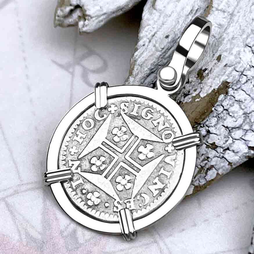 Portuguese 60 Reis "In This Sign Conquer" Crusaders' Cross 14K White Gold Pendant 