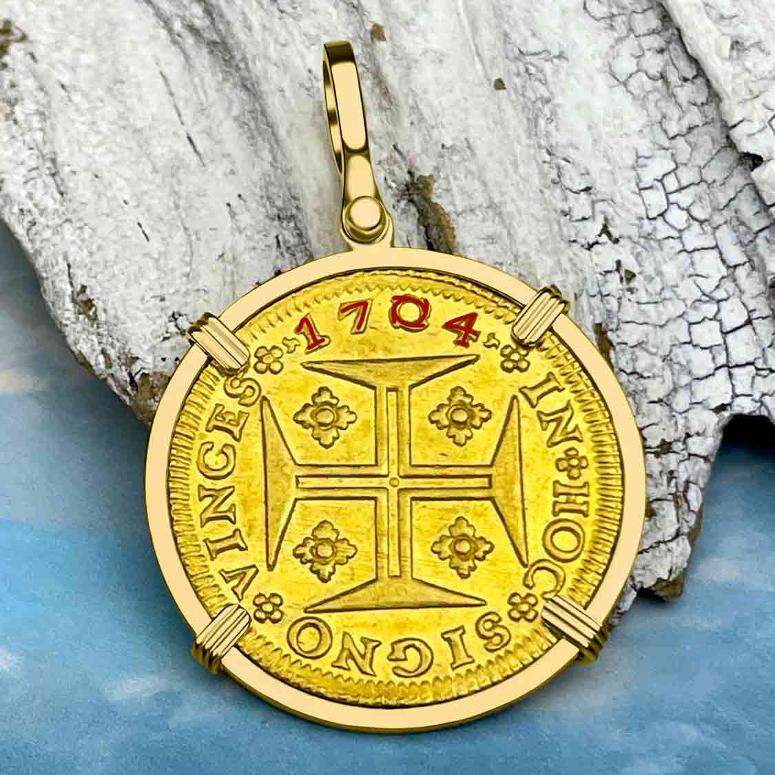 EXTREMELY RARE 1704 Portuguese 22K Gold 4000 Reis &quot;In This Sign Conquer&quot; Crusaders&#39; Cross 18K Gold Coin Pendant