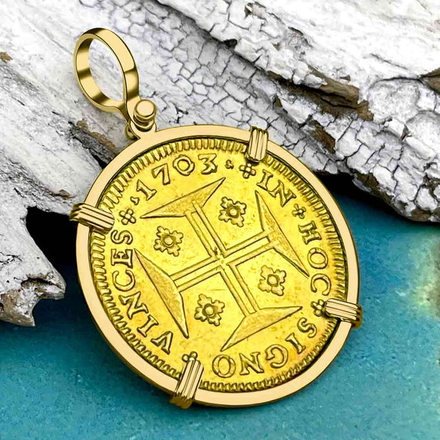 EXTREMELY RARE 1703 Portuguese 22K Gold 4000 Reis "In This Sign Conquer" Crusaders' Cross 18K Gold Coin Pendant