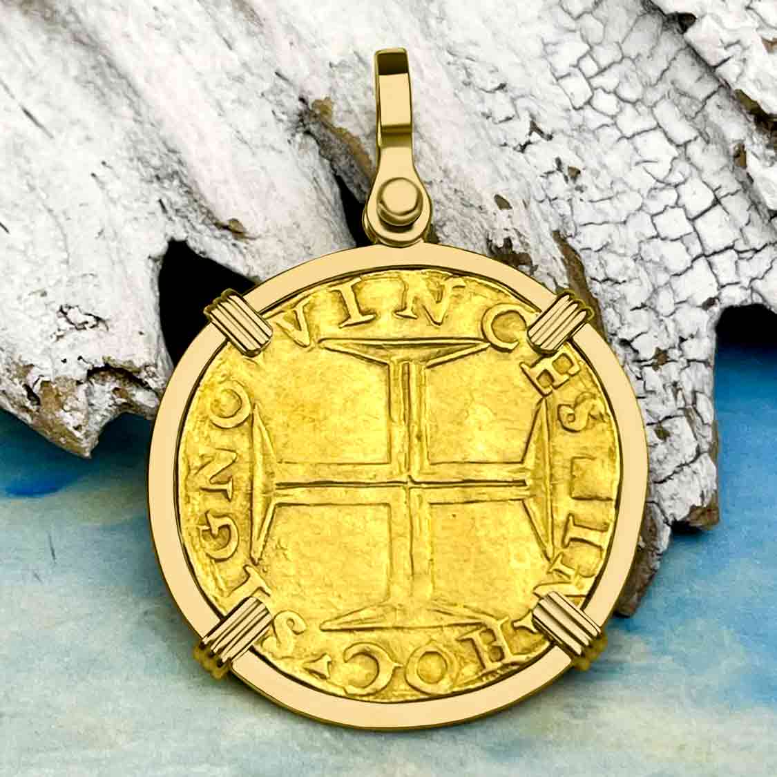 EXTREMELY RARE Circa 1560 Portuguese 22+K Gold Cruzado 500 Reis &quot;In This Sign Conquer&quot; Crusaders&#39; Cross 18K Gold Coin Pendant