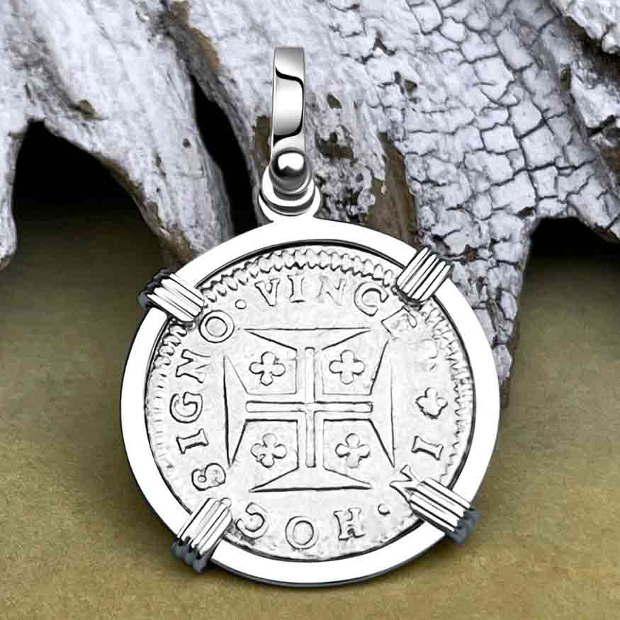 Portuguese 50 Reis &quot;In This Sign Conquer&quot; Crusaders&#39; Cross Sterling Silver Pendant