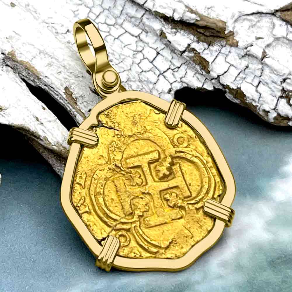 Rare Dated 1613 UnKnown Shipwreck 22K Gold 2 Escudo - the Legendary Doubloon - 18K Gold Pendant 