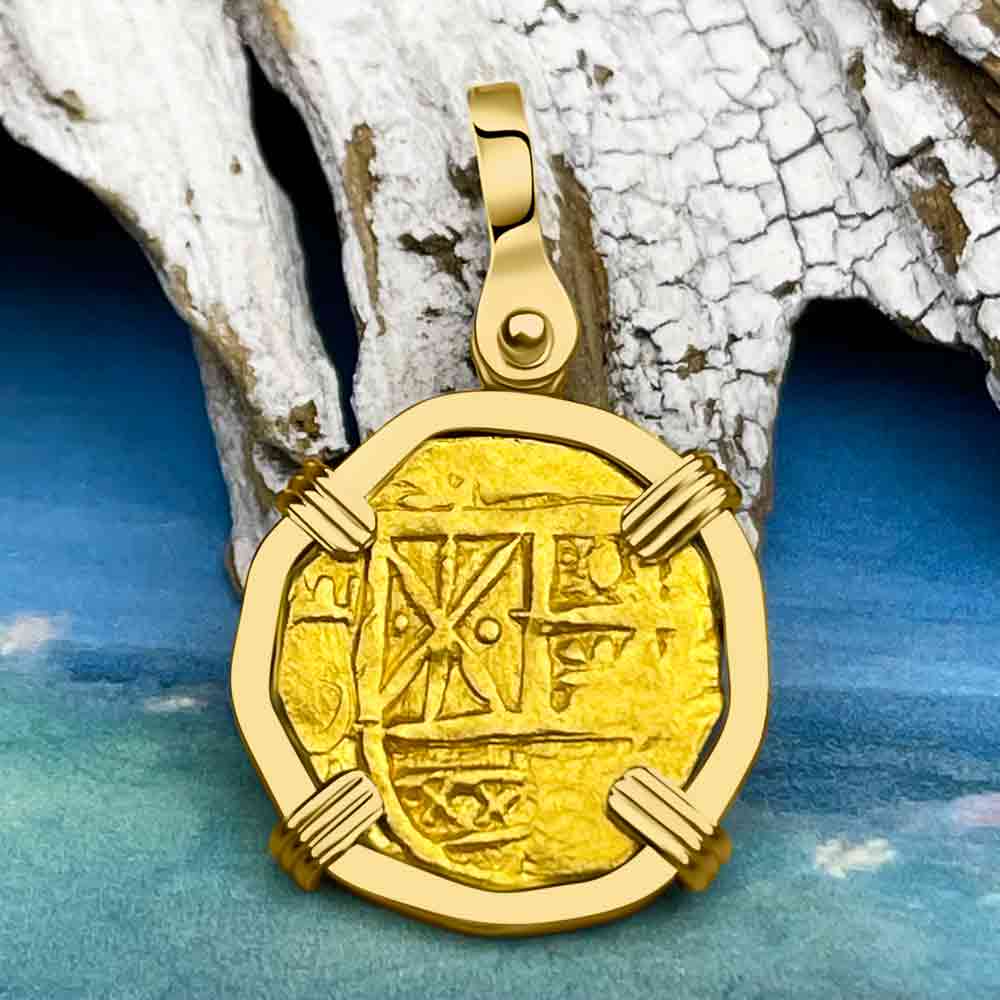 Legendary, Exquisite and Rare, 1715 Fleet Shipwreck 22K Gold Bogota 1 Escudo Doubloon Pendant with Royal Pedigree 