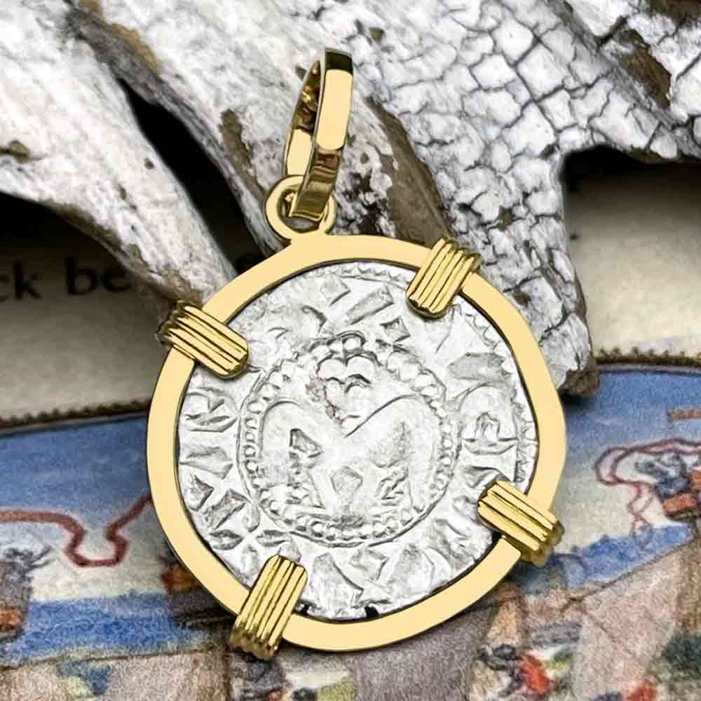 Templar Knights Era French Healing Angel Silver Denier 14K Gold Pendant