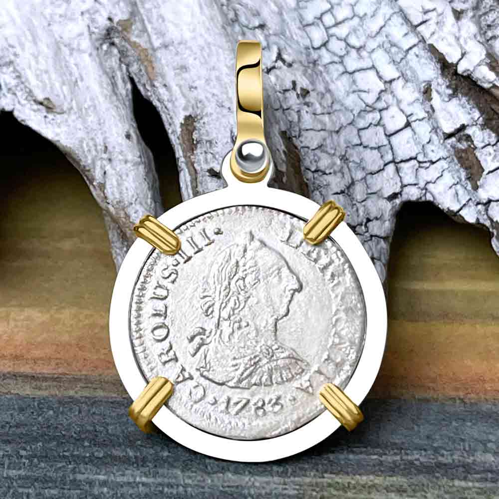El Cazador Shipwreck 1783 1/2 Reale 14K Gold &amp; Sterling Silver Treasure Coin Pendant