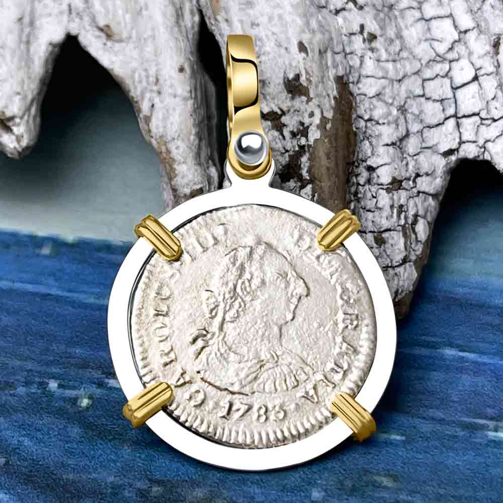El Cazador Shipwreck 1783 1/2 Reale 14K Gold & Sterling Silver Treasure Coin Pendant