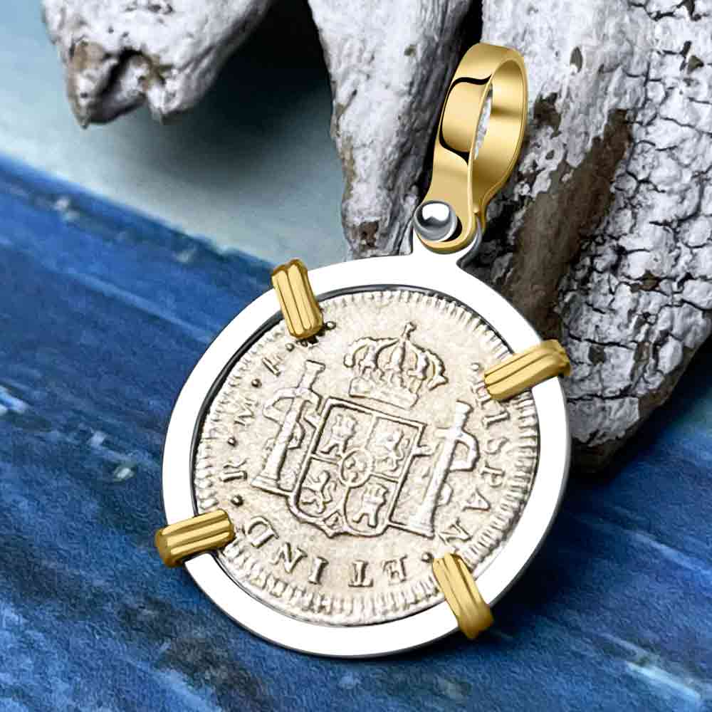 El Cazador Shipwreck 1783 1/2 Reale 14K Gold &amp; Sterling Silver Treasure Coin Pendant