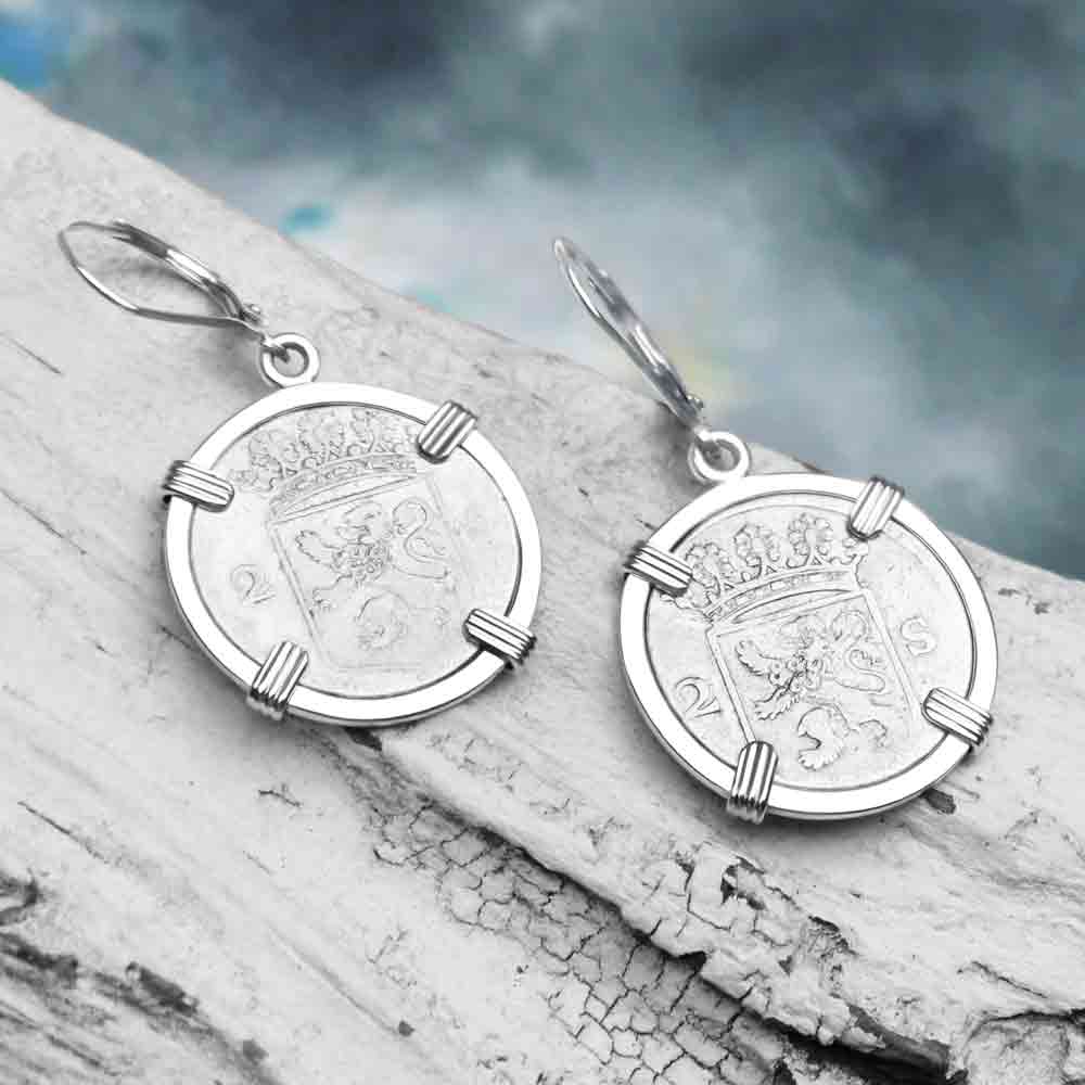 VOC - Dutch East India Company 1765 &amp; 1777 Silver 2 Stuiver Lion Coins Sterling Silver Earrings