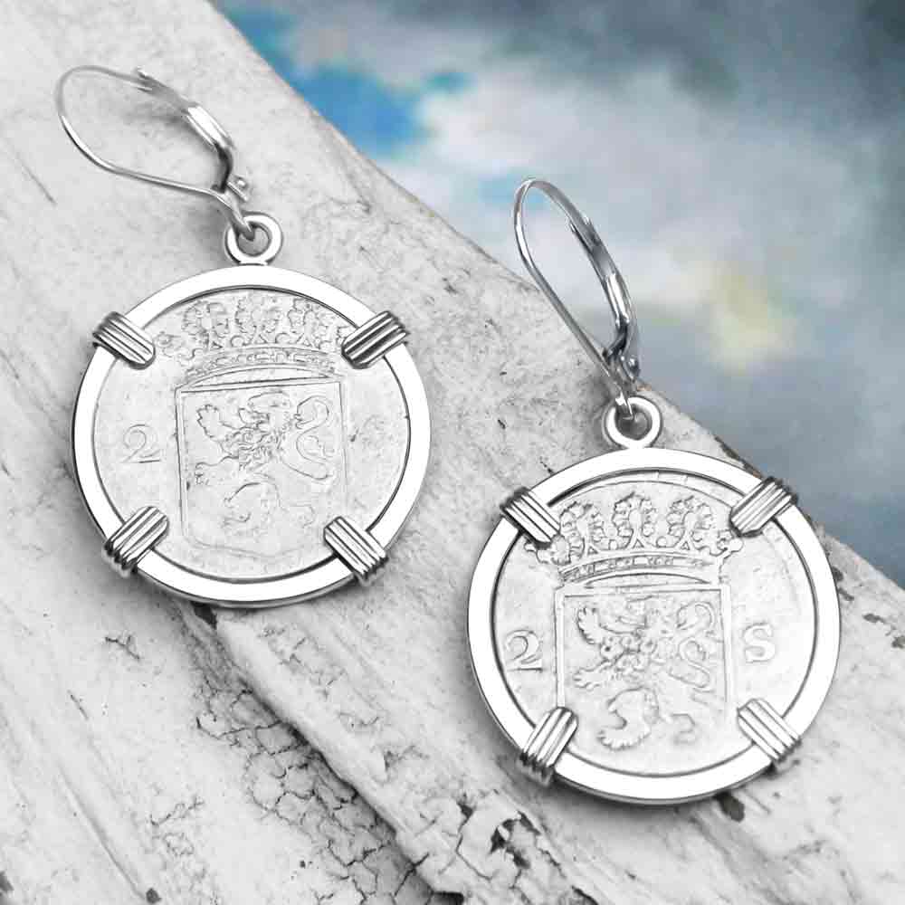 VOC - Dutch East India Company 1765 & 1777 Silver 2 Stuiver Lion Coins Sterling Silver Earrings
