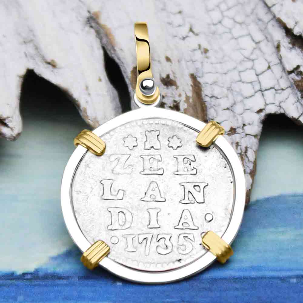 VOC - Dutch East India Company 1735 Silver 2 Stuiver Lion Coin 14K Gold and Sterling Silver Pendant