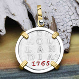 VOC - Dutch East India Company 1765 Silver 2 Stuiver Lion Coin 14K Gold and Sterling Silver Pendant | Artifact #9871