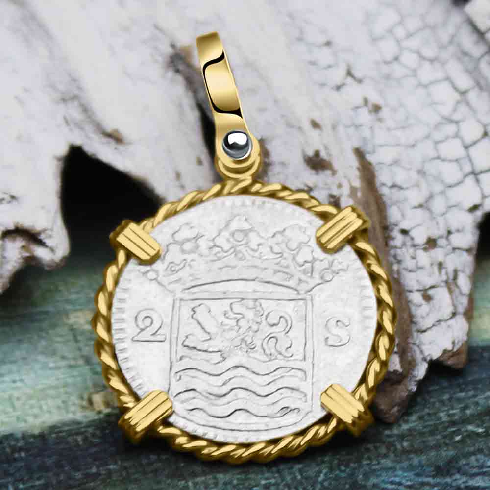 VOC - Dutch East India Company 1731 Silver 2 Stuiver "I Struggle and Survive" Lion Coin 14K Gold Pendant