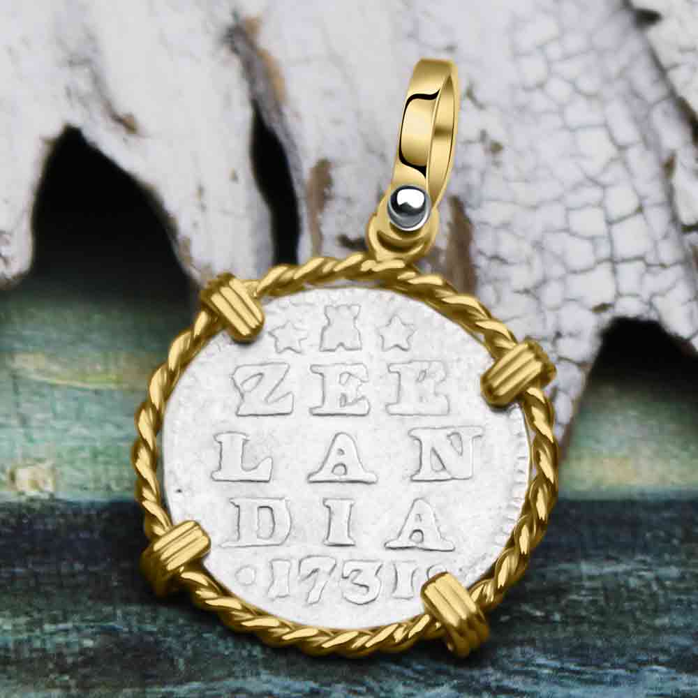 VOC - Dutch East India Company 1731 Silver 2 Stuiver &quot;I Struggle and Survive&quot; Lion Coin 14K Gold Pendant