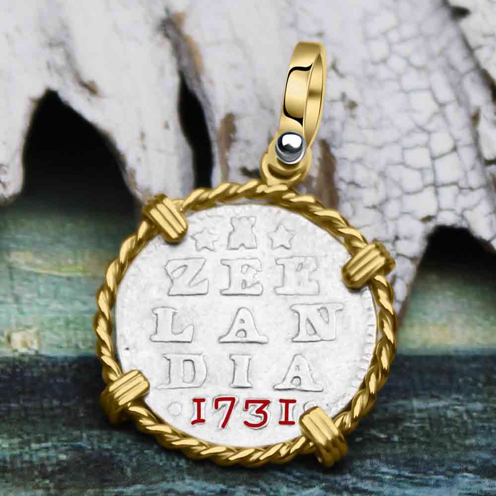 VOC - Dutch East India Company 1731 Silver 2 Stuiver &quot;I Struggle and Survive&quot; Lion Coin 14K Gold Pendant