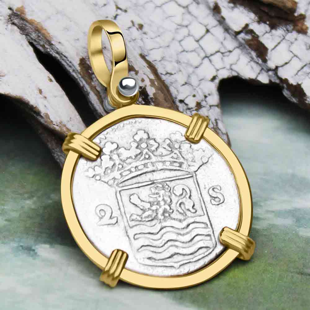 VOC - Dutch East India Company 1732 Silver 2 Stuiver "I Struggle and Survive" Lion Coin 14K Gold Pendant