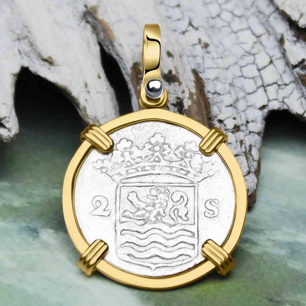 VOC - Dutch East India Company 1732 Silver 2 Stuiver "I Struggle and Survive" Lion Coin 14K Gold Pendant