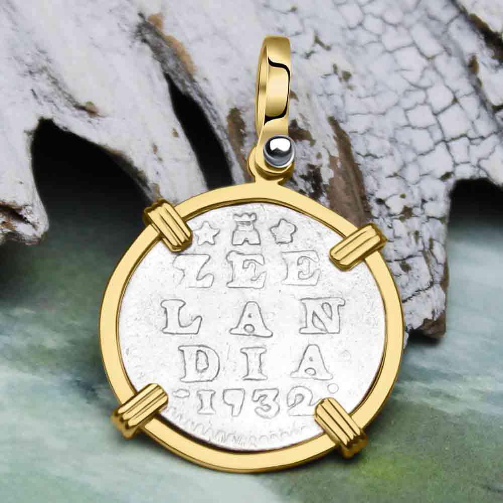 VOC - Dutch East India Company 1732 Silver 2 Stuiver &quot;I Struggle and Survive&quot; Lion Coin 14K Gold Pendant