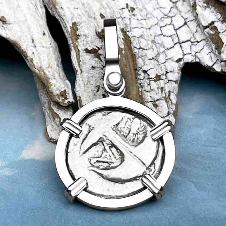 Ancient Greek Gorgon &amp; Anchor Symbol of Protection Silver Drachm 400 BC White Gold Pendant