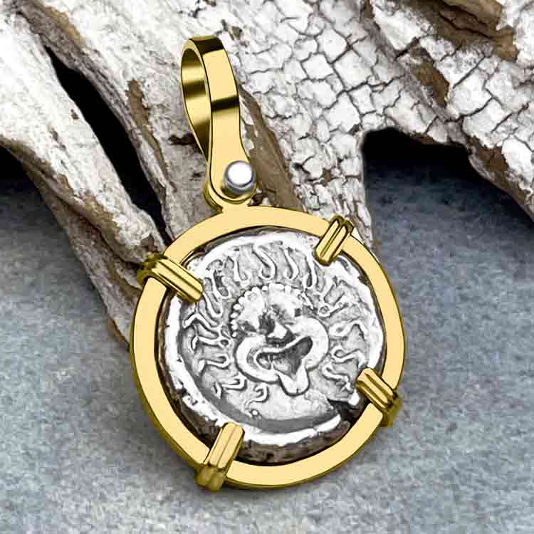 Ancient Greek Gorgon &amp; Anchor Symbol of Protection Silver Drachm 400 BC Gold Pendant